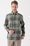 Uzun Kollu Ekoseli Gabardin Sert Yaka Cepli Garnili Casual Comfort Fit Gömlek 1004235112 Koyu Haki