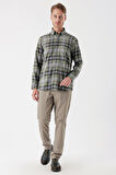 Uzun Kollu Ekoseli Gabardin Sert Yaka Cepli Garnili Casual Comfort Fit Gömlek 1004235112 Koyu Haki