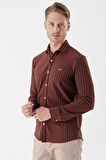 Kiremit Uzun Kollu Çizgili Örme Cepsiz Casual Slim Fit Dar Kesim Gömlek 1004235114
