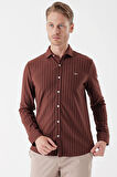 Kiremit Uzun Kollu Çizgili Örme Cepsiz Casual Slim Fit Dar Kesim Gömlek 1004235114