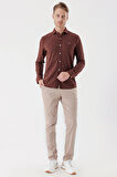 Kiremit Uzun Kollu Çizgili Örme Cepsiz Casual Slim Fit Dar Kesim Gömlek 1004235114