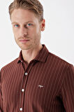 Kiremit Uzun Kollu Çizgili Örme Cepsiz Casual Slim Fit Dar Kesim Gömlek 1004235114