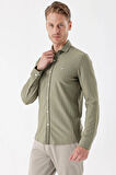 Koyu Haki Uzun Kollu Çizgili Örme Cepsiz Casual Slim Fit Dar Kesim Gömlek 1004235114