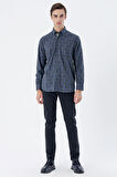 Uzun Kollu Ekoseli Düğmeli Yaka Cepli Garnili Pamuklu Klasik Comfort Fit Gömlek 1004235142 Koyu Lacivert