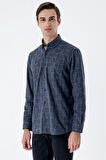 Uzun Kollu Ekoseli Düğmeli Yaka Cepli Garnili Pamuklu Klasik Comfort Fit Gömlek 1004235142 Koyu Lacivert