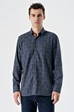 Uzun Kollu Ekoseli Düğmeli Yaka Cepli Garnili Pamuklu Klasik Comfort Fit Gömlek 1004235142 Lacivert