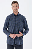 Uzun Kollu Ekoseli Düğmeli Yaka Cepli Garnili Pamuklu Klasik Comfort Fit Gömlek 1004235142 Lacivert