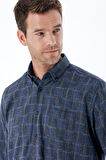 Uzun Kollu Ekoseli Düğmeli Yaka Cepli Garnili Pamuklu Klasik Comfort Fit Gömlek 1004235142 Lacivert