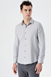 Gri Uzun Kollu Desenli Armürlü Sert Yaka Cepsiz Pamuklu Slim Fit Dar Kesim Gömlek 1004235168
