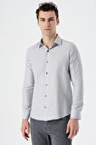 Gri Uzun Kollu Desenli Armürlü Sert Yaka Cepsiz Pamuklu Slim Fit Dar Kesim Gömlek 1004235168