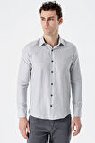 Gri Uzun Kollu Desenli Armürlü Sert Yaka Cepsiz Pamuklu Slim Fit Dar Kesim Gömlek 1004235168