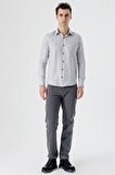 Gri Uzun Kollu Desenli Armürlü Sert Yaka Cepsiz Pamuklu Slim Fit Dar Kesim Gömlek 1004235168