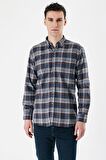 Lacivert Uzun Kollu Ekoseli Bez Ayağı Düğmeli Yaka Cepli Pamuklu Comfort Fit Gömlek 1004235173