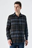 Uzun Kollu Ekoseli Gabardin Yumuşak Yaka Cepsiz  Pamuklu  Comfort Fit Gömlek 1004235216 Koyu Mavi