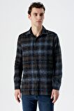 Uzun Kollu Ekoseli Gabardin Yumuşak Yaka Cepsiz  Pamuklu  Comfort Fit Gömlek 1004235216 Koyu Mavi