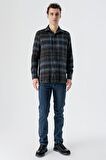 Uzun Kollu Ekoseli Gabardin Yumuşak Yaka Cepsiz  Pamuklu  Comfort Fit Gömlek 1004235216 Koyu Mavi