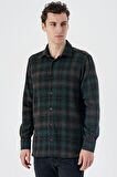 Uzun Kollu Ekoseli Gabardin Yumuşak Yaka Cepsiz  Pamuklu  Comfort Fit Gömlek 1004235216 Koyu Yeşil