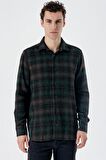 Uzun Kollu Ekoseli Gabardin Yumuşak Yaka Cepsiz  Pamuklu  Comfort Fit Gömlek 1004235216 Koyu Yeşil