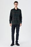 Uzun Kollu Ekoseli Gabardin Yumuşak Yaka Cepsiz  Pamuklu  Comfort Fit Gömlek 1004235216 Koyu Yeşil