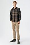 Uzun Kollu Ekoseli Gabardin Yumuşak Yaka Cepsiz  Pamuklu  Comfort Fit Gömlek 1004235216 Sarı