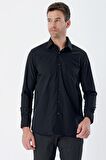Siyah Uzun Kollu Bez Ayağı Sert Yaka Cepli Pamuklu Comfort Fit Rahat Kesim Gömlek 1004235351
