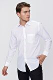 Beyaz Uzun Kollu   Sert Yaka Cepli  Pamuklu Basic Comfort Fit Rahat Kesim Gömlek 1004240051