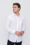 Beyaz Uzun Kollu   Sert Yaka Cepli  Pamuklu Basic Comfort Fit Rahat Kesim Gömlek 1004240051