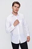 Beyaz Uzun Kollu   Sert Yaka Cepli  Pamuklu Basic Comfort Fit Rahat Kesim Gömlek 1004240051