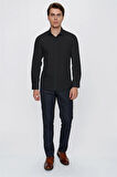 Siyah Uzun Kollu  Bez Ayağı Sert Yaka Cepsiz  Pamuklu Basic Slim Fit Dar Kesim Gömlek 1004240057