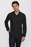 Siyah Uzun Kollu  Bez Ayağı Sert Yaka Cepsiz  Pamuklu Basic Slim Fit Dar Kesim Gömlek 1004240057