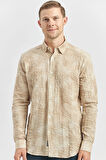 Bej Uzun Kollu Baskılı Gofreli Düğmeli Yaka Cepsiz  Pamuklu Likralı  Slim Fit Gömlek 1004240100
