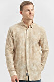 Bej Uzun Kollu Baskılı Gofreli Düğmeli Yaka Cepsiz  Pamuklu Likralı  Slim Fit Gömlek 1004240100