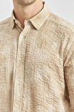 Bej Uzun Kollu Baskılı Gofreli Düğmeli Yaka Cepsiz  Pamuklu Likralı  Slim Fit Gömlek 1004240100