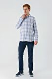 Koyu Mavi Kısalabilir Kol Ekoseli   Cepli Garnili Biyeli Pamuklu Keten  Comfort Fit Gömlek 1004240147