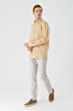 Hardal Uzun Kollu Cepsiz Biyeli %100 Keten Klasik Comfort Fit Rahat Kesim Gömlek 1004240186