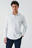 Mavi Uzun Kollu Desenli Armürlü Cepsiz Pamuklu Klasik Slim Fit Dar Kesim Gömlek 1004240189