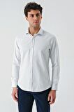 Mavi Uzun Kollu Desenli Armürlü Cepsiz Pamuklu Klasik Slim Fit Dar Kesim Gömlek 1004240189