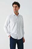 Mavi Uzun Kollu Desenli Armürlü Cepsiz Pamuklu Klasik Slim Fit Dar Kesim Gömlek 1004240189