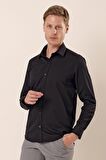 Siyah Uzun Kollu Armürlü Cepsiz Pamuklu Likralı Slim Fit Dar Kesim Gömlek 1004240193
