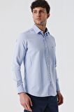 Mavi Uzun Kollu Armürlü Cepsiz Pamuklu Likralı Slim Fit Dar Kesim Gömlek 1004240193