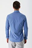 Mavi Uzun Kollu Armürlü Cepsiz Pamuklu Likralı Slim Fit Dar Kesim Gömlek 1004240193