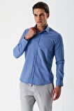 Mavi Uzun Kollu Armürlü Cepsiz Pamuklu Likralı Slim Fit Dar Kesim Gömlek 1004240193