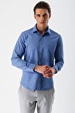 Mavi Uzun Kollu Armürlü Cepsiz Pamuklu Likralı Slim Fit Dar Kesim Gömlek 1004240193