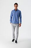 Mavi Uzun Kollu Armürlü Cepsiz Pamuklu Likralı Slim Fit Dar Kesim Gömlek 1004240193
