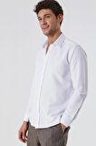 Beyaz Uzun Kollu Armürlü Cepsiz Pamuklu Likralı Slim Fit Dar Kesim Gömlek 1004240193
