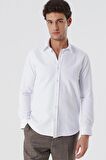 Beyaz Uzun Kollu Armürlü Cepsiz Pamuklu Likralı Slim Fit Dar Kesim Gömlek 1004240193
