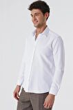 Beyaz Uzun Kollu Armürlü Cepsiz Pamuklu Likralı Slim Fit Dar Kesim Gömlek 1004240193