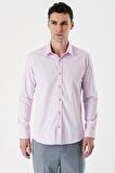 Pembe Uzun Kollu Armürlü Cepsiz Pamuklu Likralı Slim Fit Dar Kesim Gömlek 1004240193