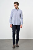 Mavi Kısalabilir Kollu Armürlü Biritli Yaka Pamuklu Casual Slim Fit Dar Kesim Gömlek 1004240202