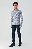 Koyu Lacivert Uzun Kollu Baskılı Garnili Pamuklu Casual Slim Fit Dar Kesim Gömlek 1004240211